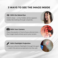 Thumbnail for 3 ways to see the image inside the Sunflower Photo Necklace: naked eye, camera, and flashlight projection.