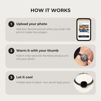Thumbnail for How it works: upload your photo, warm the octagon charm with your thumb, let it cool back to black | SKU: TPH-OCTB-BLACK-18