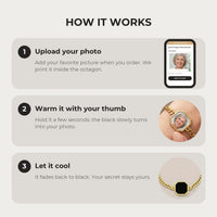 Thumbnail for How it works: upload your photo, warm the octagon charm with your thumb, let it cool back to black | SKU: TPH-OCTB-GOLD-18