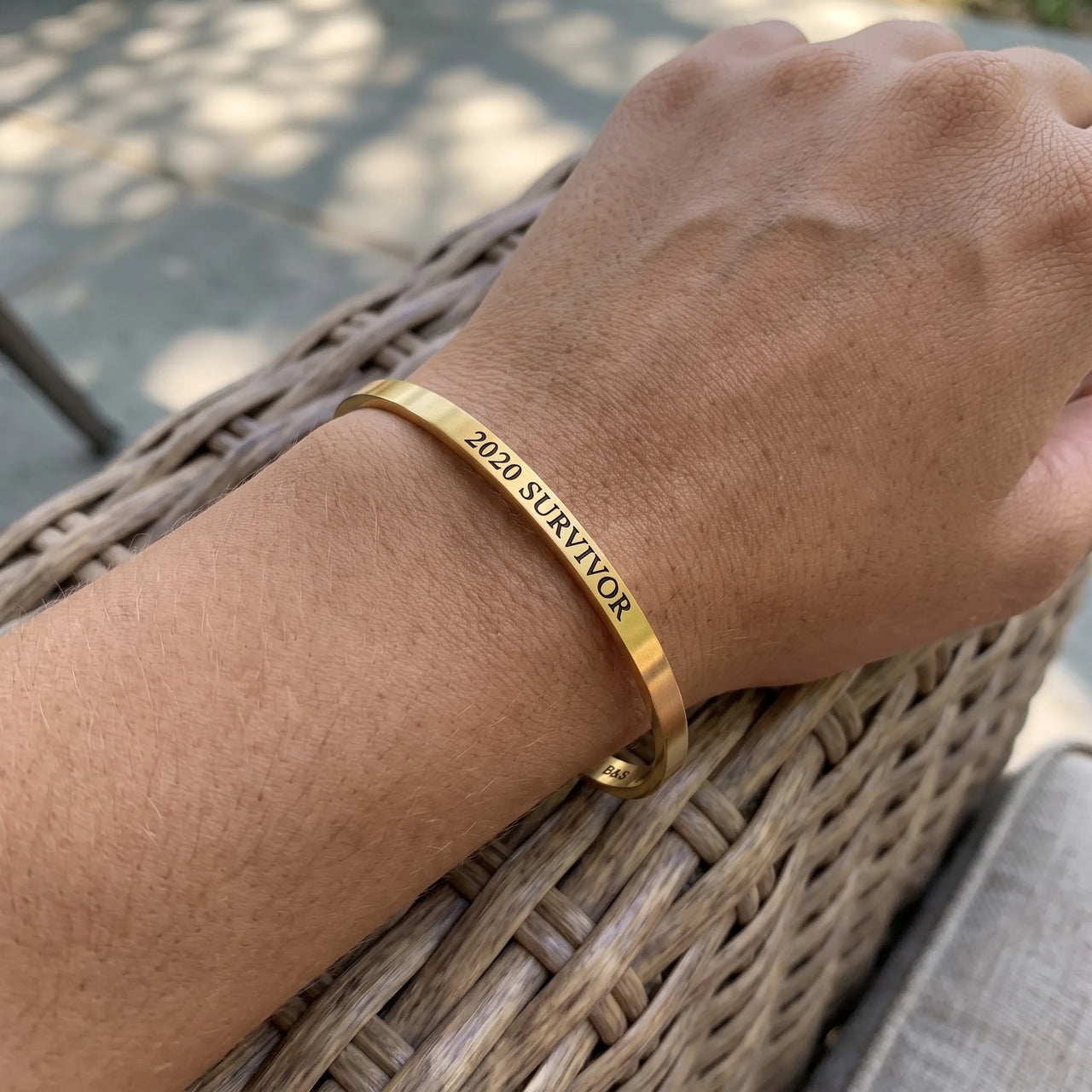 Survivor bracelet — worn, real size, gold | SKU: 2020s-g