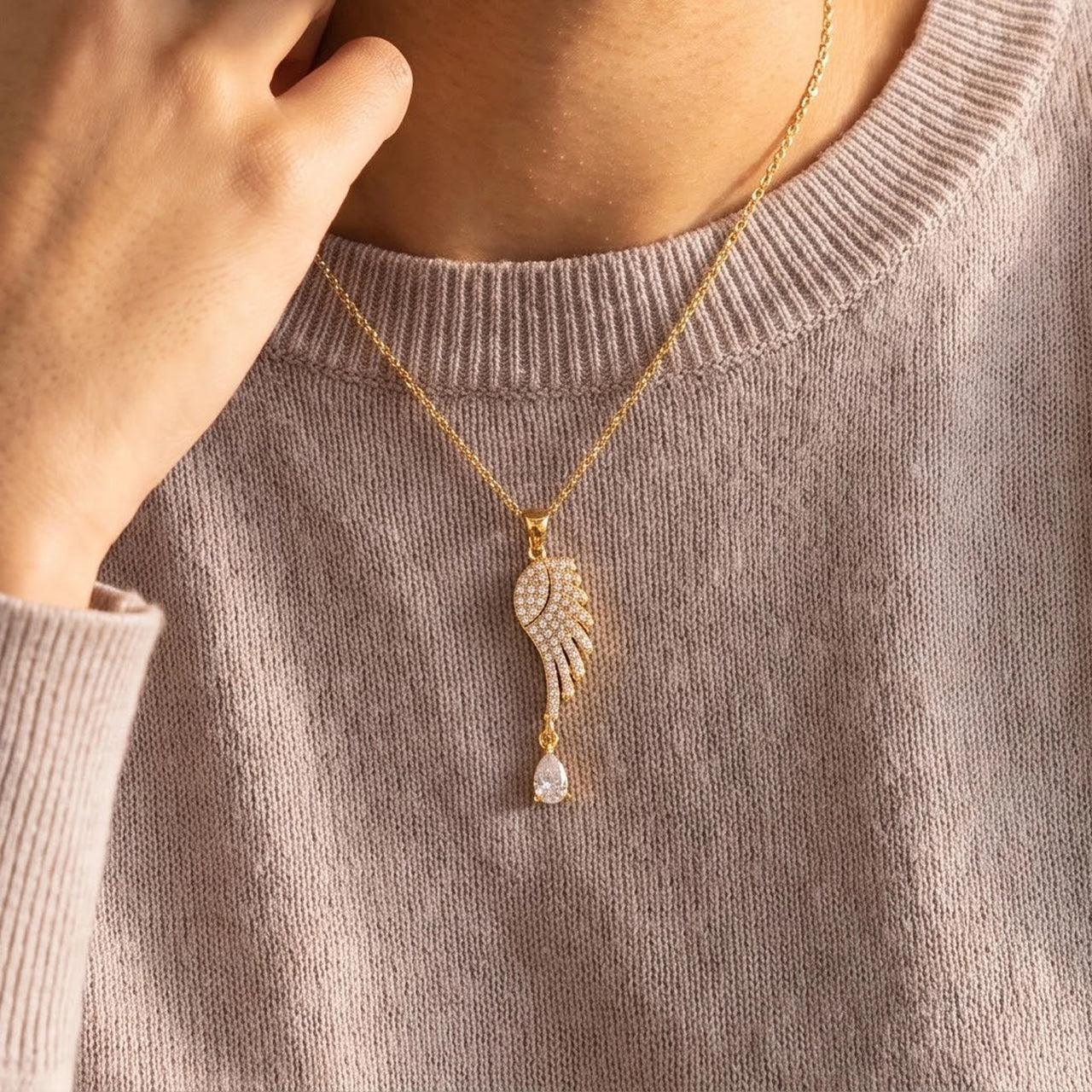 The gold necklace worn, close-up | SKU: 42005-gold