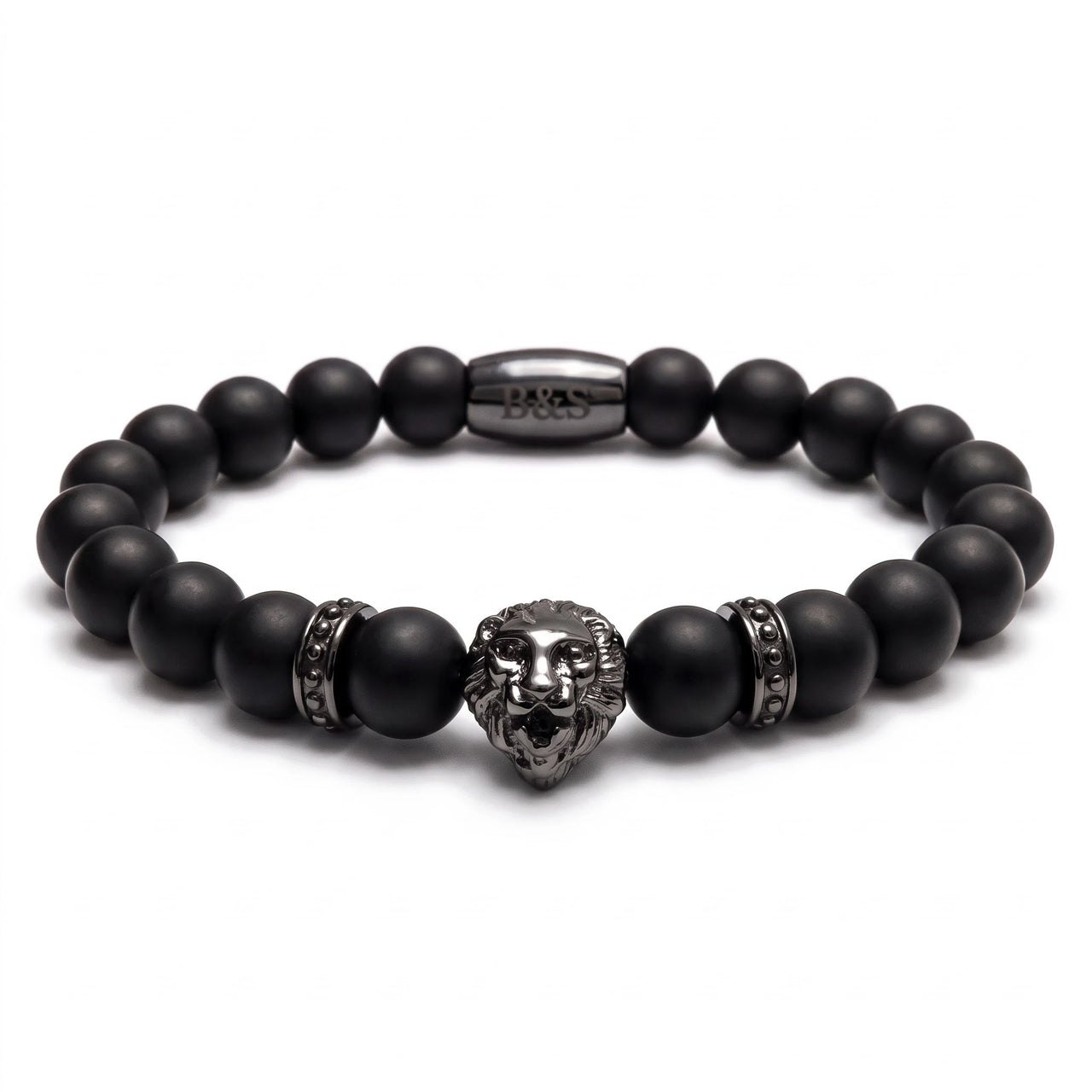Black Lion & Black Stones Bracelet – studio packshot | Brother & Sisters | SKU: 20712286-gun-black-XS-14-15, 20712286-gun-black-S-16-17, 20712286-gun-black-M-18-19, 20712286-gun-black-L-20-21, 20712286-gun-black-XL-22-23