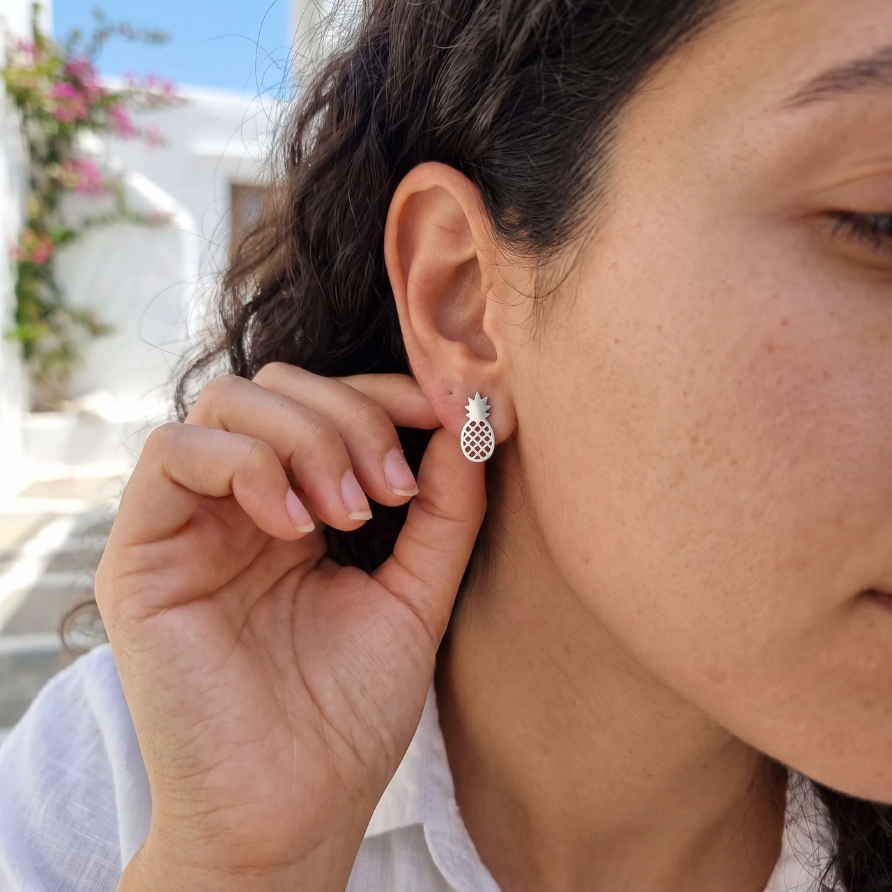 Stainless steel stud earrings — worn, everyday gesture, silver | SKU: 437186-silver-plated
