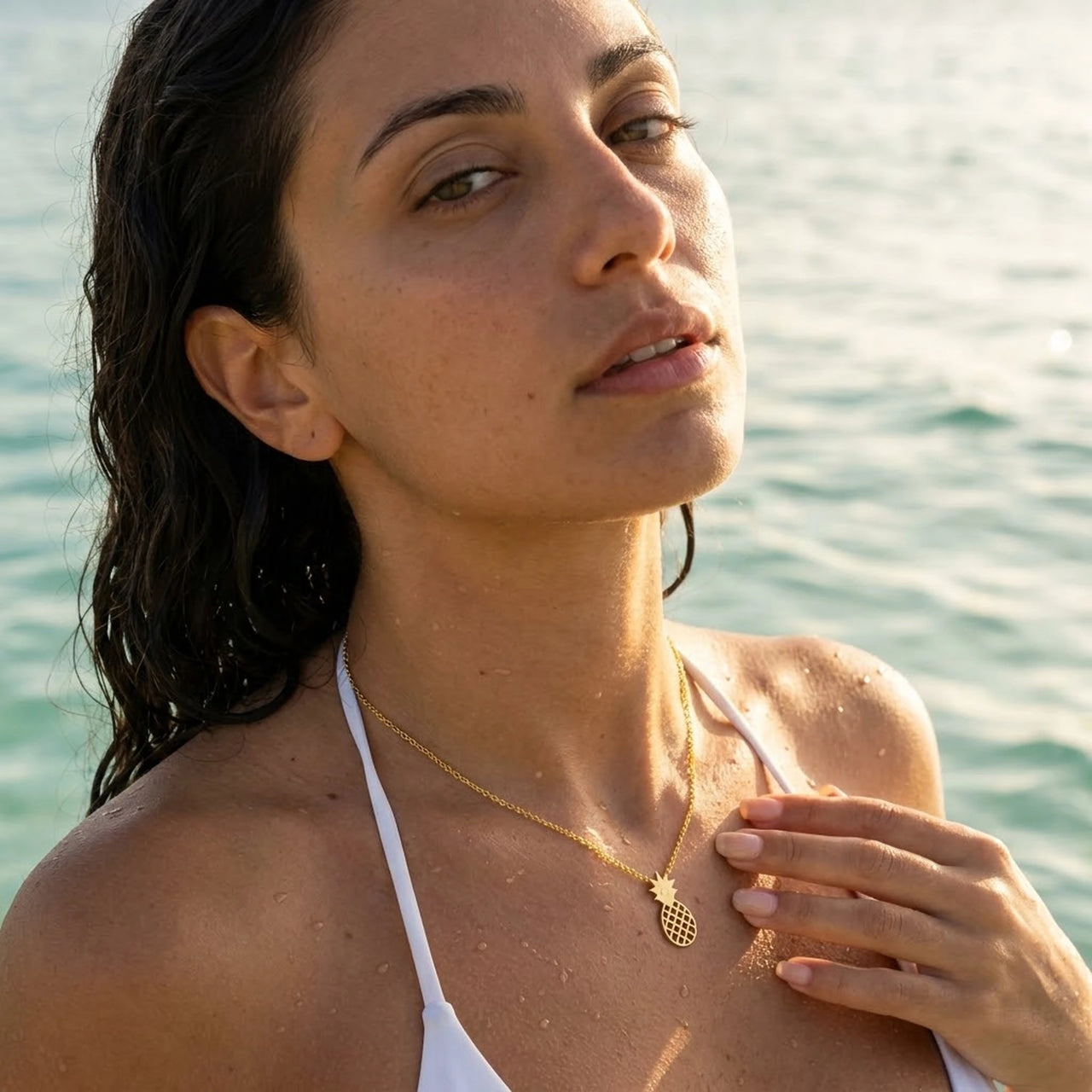 Gold necklace worn in the sea, waterproof stainless steel with water drops | SKU: 8050907-gold