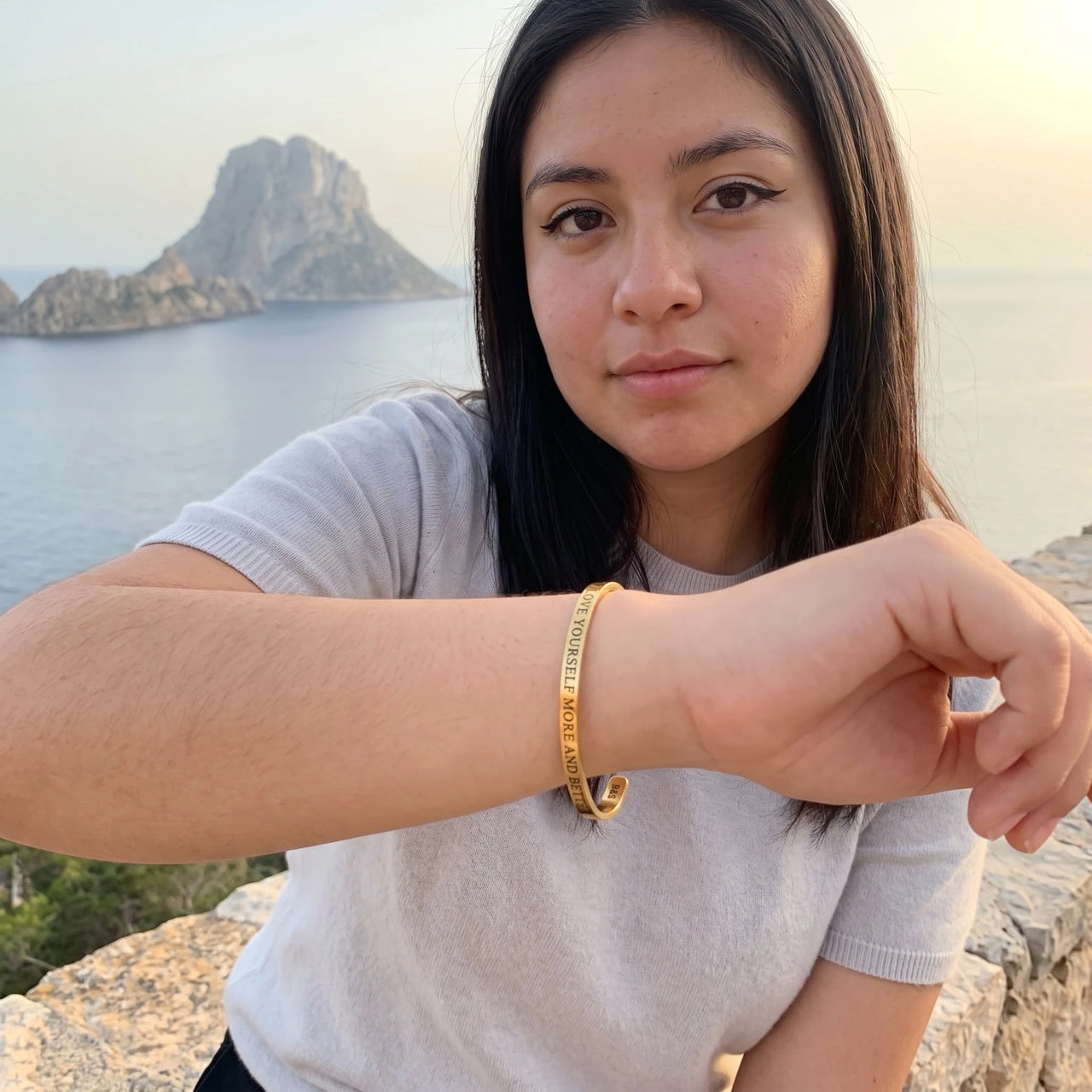 Mantra bracelet — worn on a getaway, gold | SKU: lymab-g