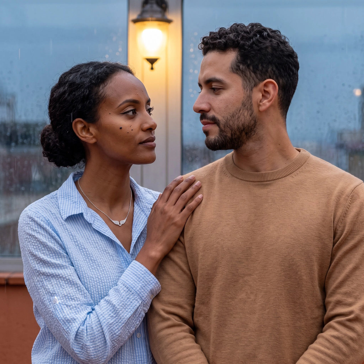 Woman wearing the silver necklace with her partner | SKU: 42002-silver