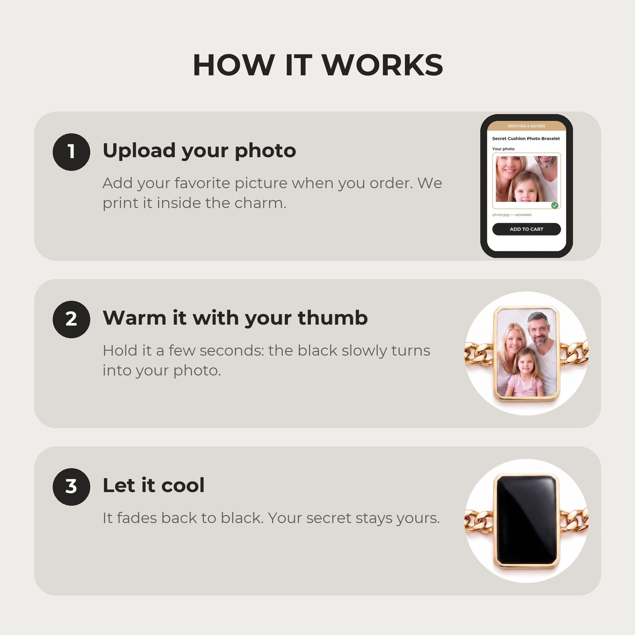 How it works: upload your photo, warm the cushion-cut charm with your thumb, let it cool back to black | SKU: TPH-CUSB-GOLD