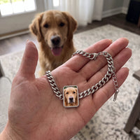 Thumbnail for Customer photo: the silver cushion-cut bracelet with her golden retriever's photo, her dog in the background | SKU: TPH-CUSB-SILVER