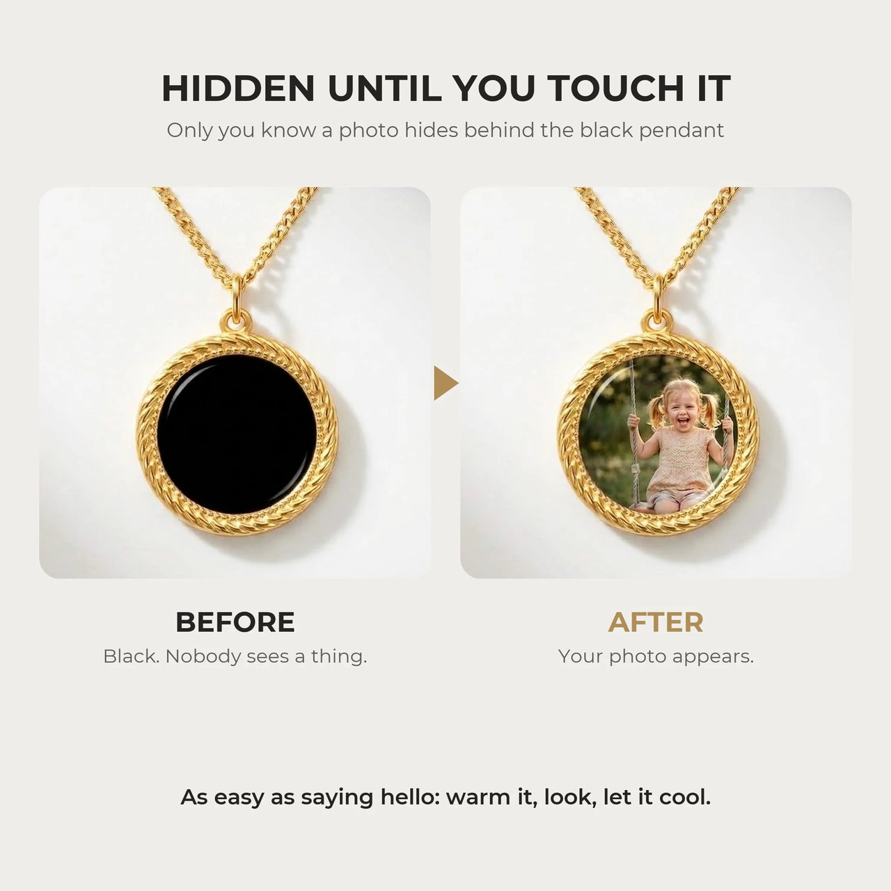 Before and after: black gold round pendant, then the photo revealed by warmth | SKU: TPH-RNDN-GOLD