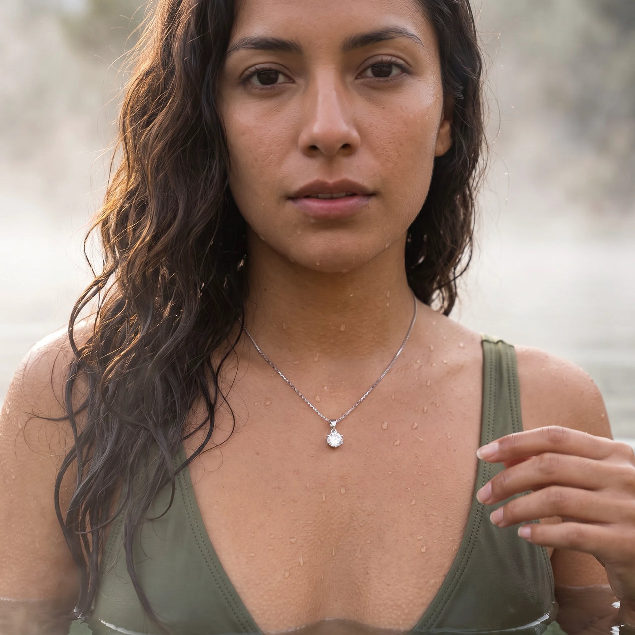 Solitaire necklace — worn in the water, waterproof, silver | SKU: 505665