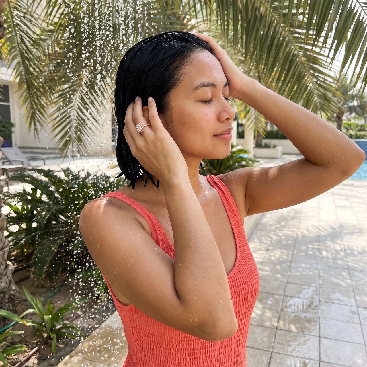Radiant cut engagement ring — worn in the shower, waterproof, rose gold | SKU: 1969566-4-5-rose-gold