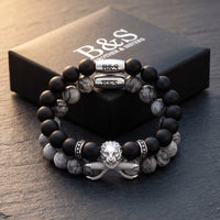 Thumbnail for White Gold Lion with Black & Grey Stones Set – in its Brother & Sisters gift box | Brother & Sisters | SKU: 21369621-silver-XS-14-15, 21369621-silver-S-16-17, 21369621-silver-M-18-19, 21369621-silver-L-20-21, 21369621-silver-XL-22-23