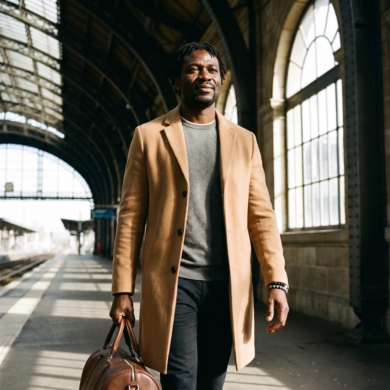 White Gold Lion with Black & Grey Stones Set – man with a leather bag at a train station | Brother & Sisters | SKU: 21369621-silver-XS-14-15, 21369621-silver-S-16-17, 21369621-silver-M-18-19, 21369621-silver-L-20-21, 21369621-silver-XL-22-23
