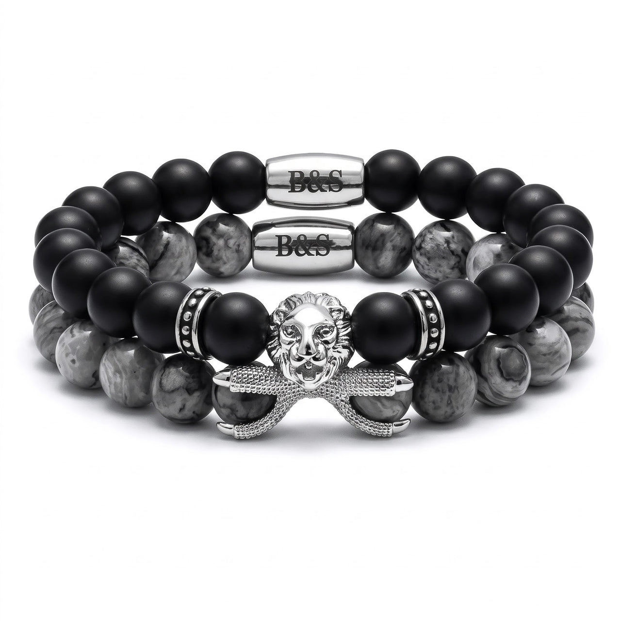 White Gold Lion with Black & Grey Stones Set – studio packshot | Brother & Sisters | SKU: 21369621-silver-XS-14-15, 21369621-silver-S-16-17, 21369621-silver-M-18-19, 21369621-silver-L-20-21, 21369621-silver-XL-22-23